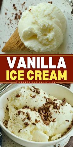 vanilla ice cream in a white bowl with chocolate shavings on top and text overlay that reads vanilla ice cream