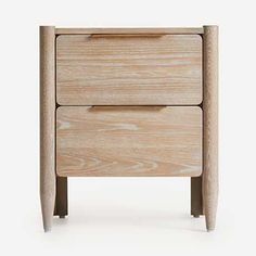 a wooden nightstand with two drawers on one side and an open drawer on the other