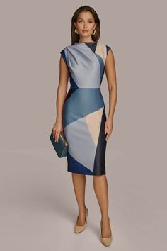 ASYMMETRICAL NECK GEOMETRIC MIDI DRESS | Donna Karan Rose Quartz Color, Clean Origin, Sneaker Dress Shoes, Work Looks, Dress Silhouette, Boat Neckline, Donna Karan, Designer Suits, Barnes And Noble