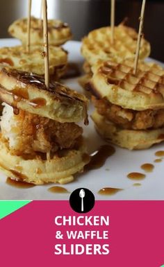 chicken and waffle sliders on a plate with syrup drizzled over them