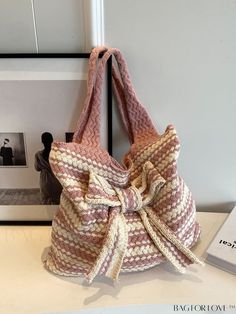 BagForLove - Chic Crochet Tote Bag with Large Capacity and Bow Detail - Ideal for Commute Casual Pink Knitted Bag, Pink Crochet Bag With Large Capacity, Casual Pink Crochet Bag, Vacation Shopping, Chic Crochet, Vacation Bag, Crochet Tote Bag, Crochet Tote, Word Wrap