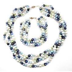 Freshwater Pearl Four Strand Necklace And Bracelet Set Blue And White Pearls 14k Gold Clasp Necklace: 18" Long Bracelet: 7" Long New With Tag Blue Single Strand Pearl Necklace For Formal Occasions, Formal Blue Single Strand Pearl Necklace, Blue Single Strand Jewelry For Formal Occasions, Blue Single Strand Formal Jewelry, Elegant Blue Jewelry With High Luster, Elegant Blue High Luster Jewelry, Formal Blue High Luster Jewelry, Formal High Luster Blue Jewelry, Cowgirl Bracelets