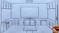 a drawing of a kitchen with cabinets and a tv