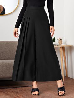 Black Elegant   Polyester Plain Wide Leg Embellished Non-Stretch Spring/Summer/Fall Women Bottoms Essential Wardrobe Pieces, Little Outfits, Casual Work Outfits, Trendy Fashion Women, Wide Leg Trousers, High Waisted Pants, Trousers Women, Leg Pants, Fashion News