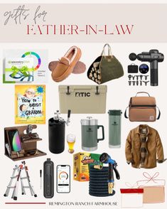 the gift guide for father - in - law includes gifts, books, and personal items