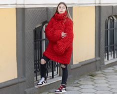 "MATERIAL : 100 % unspun merino wool COLOUR : Red ( There may be a slight difference because of the different monitors' representation) ♥ In the picture the model is wearing a garment with these measurements : A: ( Body lenght) : 27.6 \" / 70 cm B: ( Chest width) 22.4 \" / 57 cm C: (Sleeve from under the arm) : 22 \" / 56 cm D: (Neck unrolled) : 13.4 \" / 34 cm. They are taken with the item laid flat and not streched. ♥ For choosing your size please look at size chart in our listing pictures. Pl Chunky Knit Winter Sweater, Chunky Knit Sweater For Winter, Chunky Oversized Winter Sweater, Cozy Chunky Knit Wool Knitting Pattern, Chunky Knit Merino Wool Sweater For Cold Weather, Chunky Knit Merino Wool Sweater, Cold Weather Chunky Knit Merino Wool Sweater, Cozy Chunky Knit Merino Wool Pattern, Thick Wool Sweater With Long Sleeves