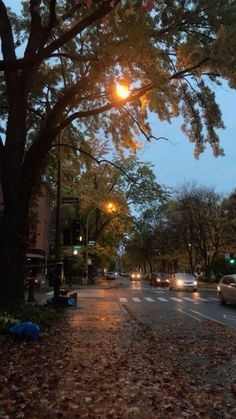 a city street at night with cars parked on the side and trees lining the road