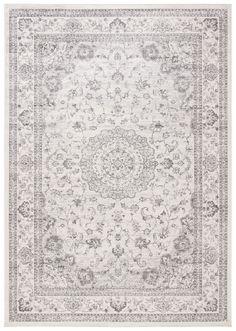 a white and gray rug with an intricate design