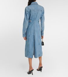 Cotton Denim Shirt Dress in Blue - Ferragamo | Mytheresa Washed Cotton Denim Dress For Work, Cotton Washed Denim Dress For Work, Cotton Denim Dress With Pockets For Work, Cotton Denim Midi Dress With Button Closure, Cotton Midi Denim Dress With Button Closure, Elegant Ribbed Collar Top, Classic Cotton Denim Dress With Button Closure, Spring Cotton Dresses With Patch Pockets, Cotton Dresses With Patch Pockets