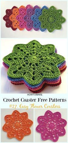 crochet coasters with different colors and patterns for the top one is green