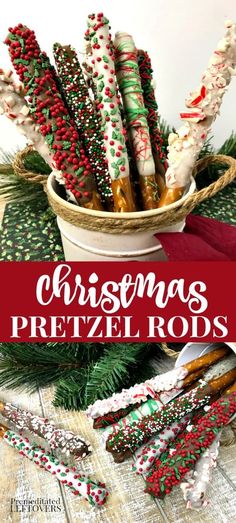 This Christmas Chocolate-Covered Pretzel Rods Recipe is a great addition to your holiday baking. Festive and tasty! Makes a great food gift! Christmas Almond Bark Pretzels, Christmas Bakesale Ideas Easy, Christmas Baking Recipes Traditional, Traditional Christmas Candy, Simple Christmas Desserts Recipes, Christmas Pretzel Rods, Pretzel Rods Recipe, Christmas Bites, Christmas Desserts For A Crowd