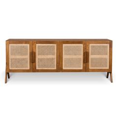 the sideboard is made out of wood and has wicker panels on it's sides