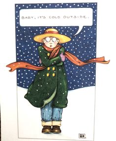 a drawing of a woman wearing a green coat and hat with an empty thought bubble above her head