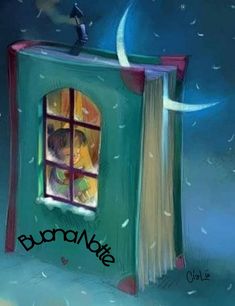 an open book sitting on top of a snow covered ground next to a window with the moon