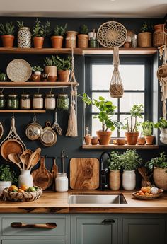 a kitchen filled with lots of pots and pans next to a window covered in potted plants