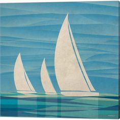 three sailboats floating in the ocean with blue sky and water behind them, one is white