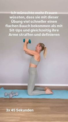 a woman is doing yoga with dumbbells in front of her and the words above her