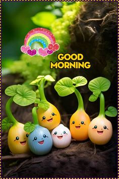 an advertisement for good morning with colorful fruits and vegetables on the ground in front of green leaves