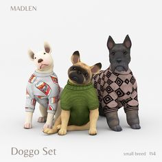 three dogs are wearing sweaters and standing next to each other on a white background