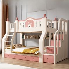 a white bunk bed with pink drawers underneath it in a child's bedroom setting