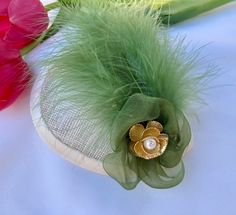 "A new concept in head coverings for women, this beautiful handmade She*ppah puts a feminine twist on the traditional kippah. The teardrop fascinator is lightweight, with comfortable clips that stay put all day.  Each hairpiece is unique. COLOR: Green, Olive, Ivory, Cream MEASUREMENTS: 5.5\" x 6.0\" (approximately) I created the She*ppah to offer a feminine counterpart that is elegant and versatile. The unique design of these fascinators allows you to wear them multiple ways, while the fascinato Teardrop Fascinator, Head Coverings, Green Olive, Head Covering, I'm Happy, Model Photos, Hair Pieces, Fascinator, Unique Design