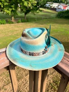 Wool hat with unique crown. Standard sizing, one size fits all with adjustable tie inside. Cheap Distressed Blue Hats, Affordable Distressed Blue Hats, Wool Hat, One Size Fits All, Fedora, Two Tone, Caps Hats, Accessories Hats, Turquoise