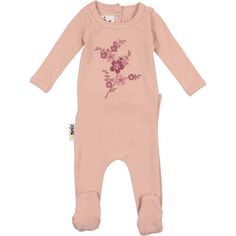 Floral Embroidered Footie, Mauve - Maniere Rompers | Maisonette Spring Long Sleeve Footie For Bedtime, Pink Long Sleeve Footie For Bedtime, Spring Bedtime Footie, Spring Cotton Footie For Loungewear, Fitted Footie For Loungewear Spring, Spring Loungewear Footie, Spring Loungewear Fitted Footie, Spring Season Cotton Sleep Footie, Spring Embroidered Cotton Sleepwear