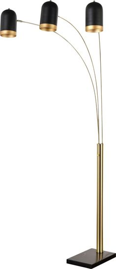 three light floor lamp with black shades on the lampshade and gold trimmings