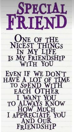 a poster with the words special friend written in black and purple on it, as well as