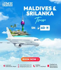 an airplane flying through the air with text that reads, malaysia & sri lanka tour 5n 3d