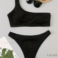 Lasaky - Premium Quality Green Embossed Striped Print Bikini Sets: One Shoulder Asymmetrical Neck High Cut 2 Pieces Swimsuit, Ideal for Womens Swimwear & Clothing Elegant Swimwear, White Bathing Suit, Beach Bathing Suits, Black Bathing Suits, 2 Piece Swimsuits, Pink Swimsuit, Beach Wear Dresses, Swimsuit Set, Set Women