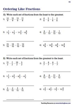 worksheet for ordering fractions with numbers