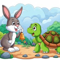 a rabbit and a tortoise in the forest with a bell on a white background