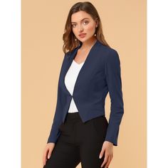 Shell: 95% Polyester, 5% Spandex. Lining: 100% Polyester. It creates a modern sleek look even at the office with this stunning cropped office blazer jacket. This smart collarless blazer features an angled hem that's shorter in the back for a fashionably cool look. An open-front design with hook eye closure for showing your amazing top inside. This piece makes you outstanding whether for a professional or a casual look. Suitable for Office look. Fitted Long Sleeve Versatile Blazer, Versatile Fitted Long Sleeve Blazer, Versatile Fitted Blazer, Versatile Fitted Solid Color Blazer, Fitted Elastane Outerwear For Office, Versatile Solid Color Fitted Blazer, Office Business Casual, Collarless Blazer, Cropped Blazer Jacket