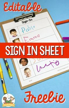 a sign in sheet with pencils and crayons next to it on a blue background