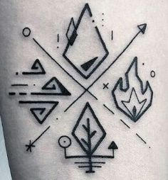 a black and white tattoo design on the arm with geometric shapes, triangles and arrows