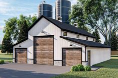 an artist's rendering of a barn with two garages