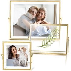 three gold frames with two women and a dog