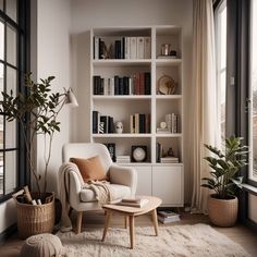 a living room with bookshelves and a chair in front of a large window