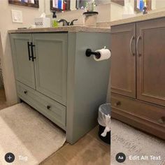 a bathroom with a sink, toilet and cabinet next to a bathtub in the same room