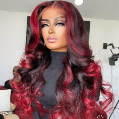 Black Red Hair, Ombre Highlights, Loose Waves Hair, Red Highlights, Burgundy Hair, Red Ombre, Colored Wigs