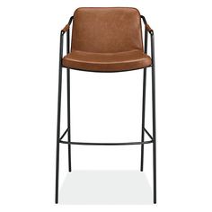 a brown leather bar stool with black metal frame and backrest, viewed from the front