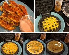 four pictures showing different types of food being cooked in waffle irons and on plates