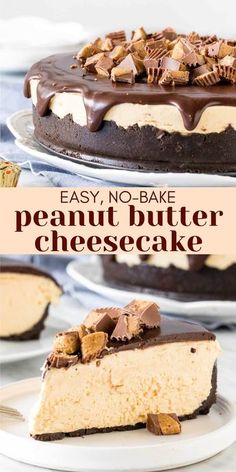 no - bake peanut butter cheesecake on a white plate