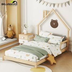 a child's bedroom with white walls and wooden furniture