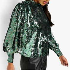 This Is A Beautiful Green Sequin Top. Full Sleeves, Top Is Lined, High Neck, Great For Any Fancy Party Or A Special Night Out Great For Holidays. Has Buttons In Back With Elastic Loops, They Are Hard To Hook Just Fyi. This Shirt Has Glam And Sparkle New With Tags See Pictures For Measurements Perfect For St Patrick’s Day Fashionable Tops, Sparkly Top, Glamorous Style, High Neck Top, Green Sequins, Fancy Party, Shirts Design, Effortless Elegance, New Energy