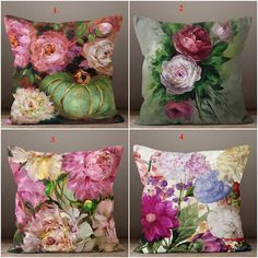 four pillows with different flowers on them and the same one being made out of fabric