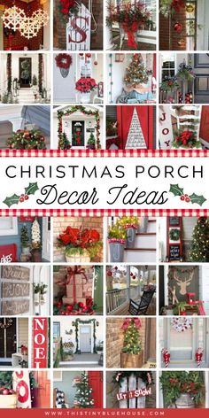 christmas porch decor ideas for the front door and entryway with red, white and green accents