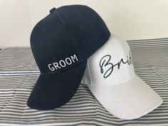 Bride and Groom Hat Set or Individual - Etsy Adjustable Trucker Hat For Wedding, Personalized White Wedding Hat, Customizable White Wedding Hats, Personalized Adjustable Hats For Wedding, White Curved Brim Baseball Cap For Wedding, Groom Hat, Baby Nap, Bride Hat, White Bride