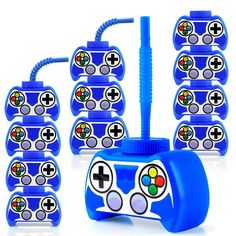 a group of blue game controllers sitting next to each other